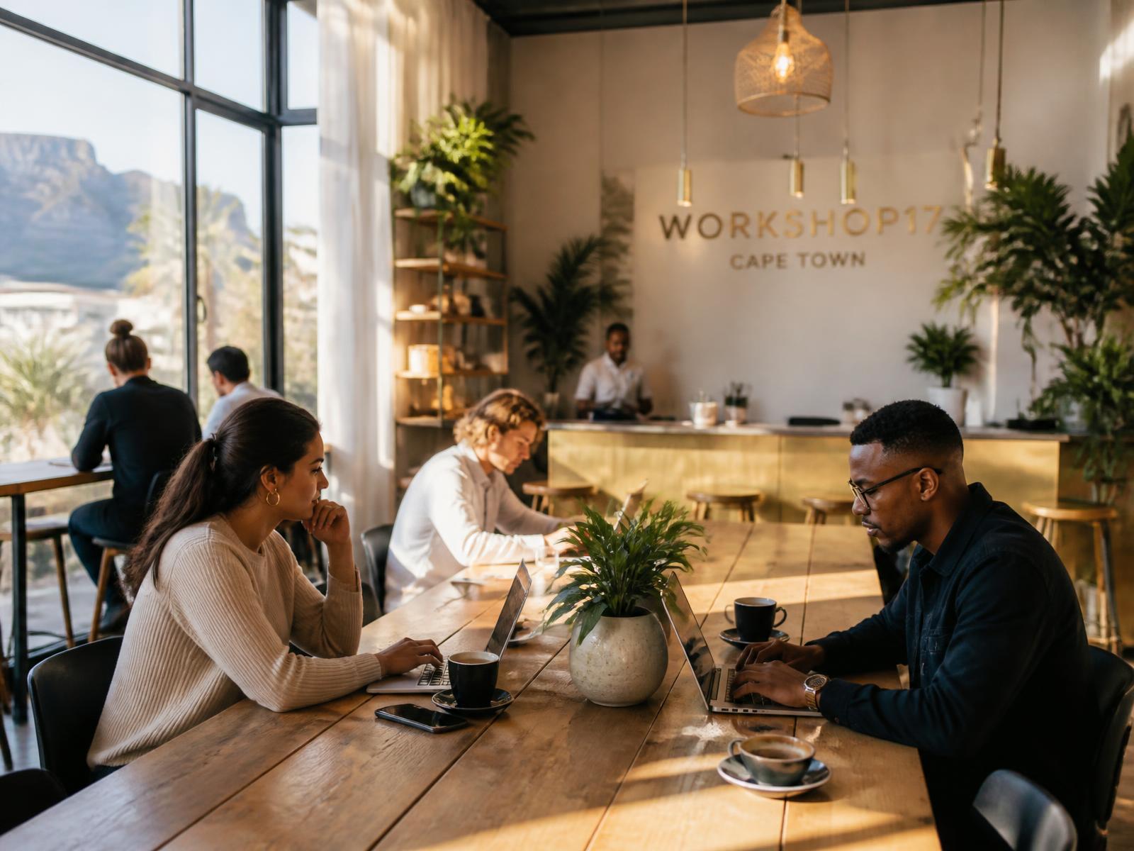 Bright coworking cafe with people working on laptops