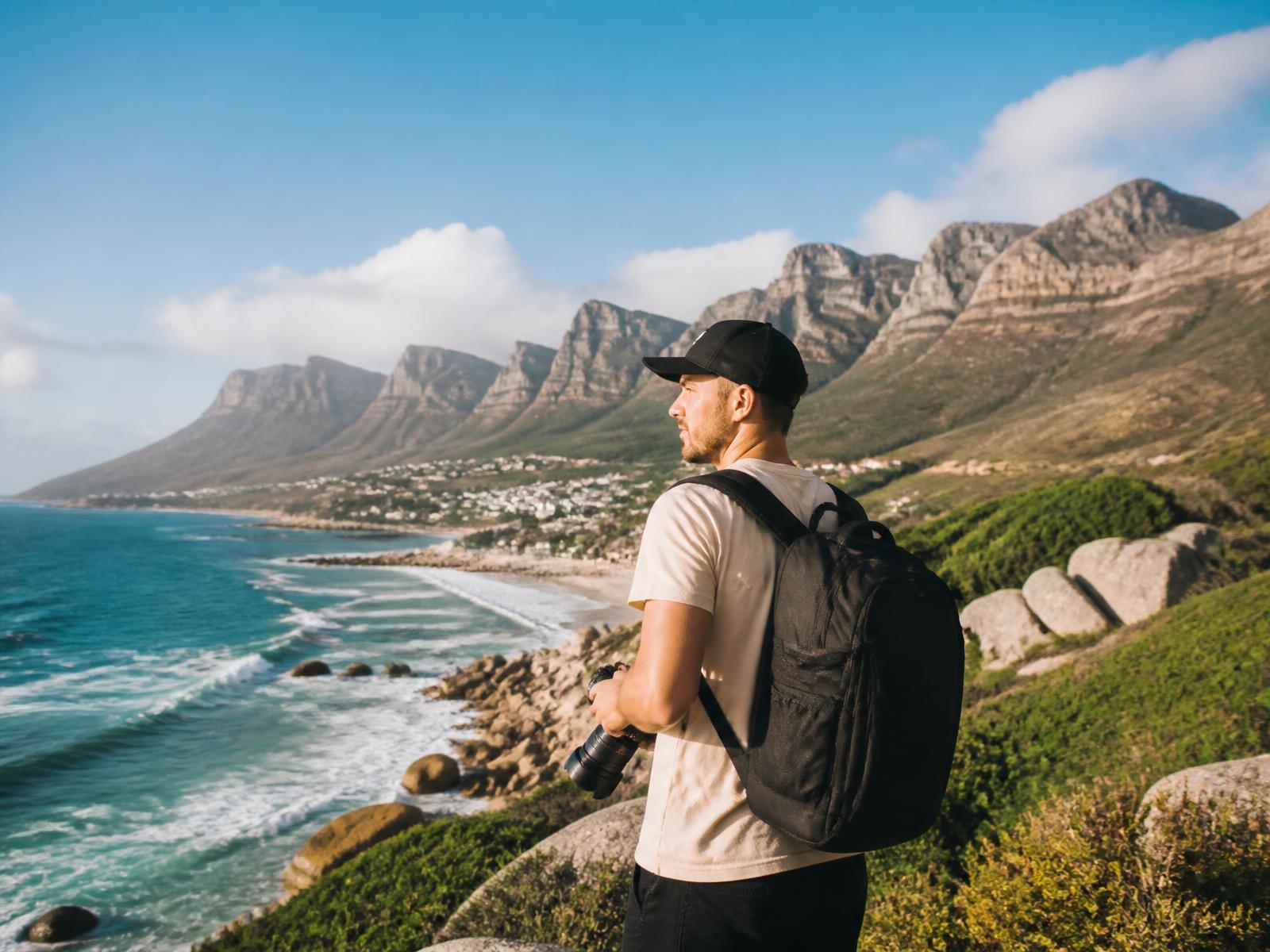 Creator overlooking the Cape Town coastline with a camera