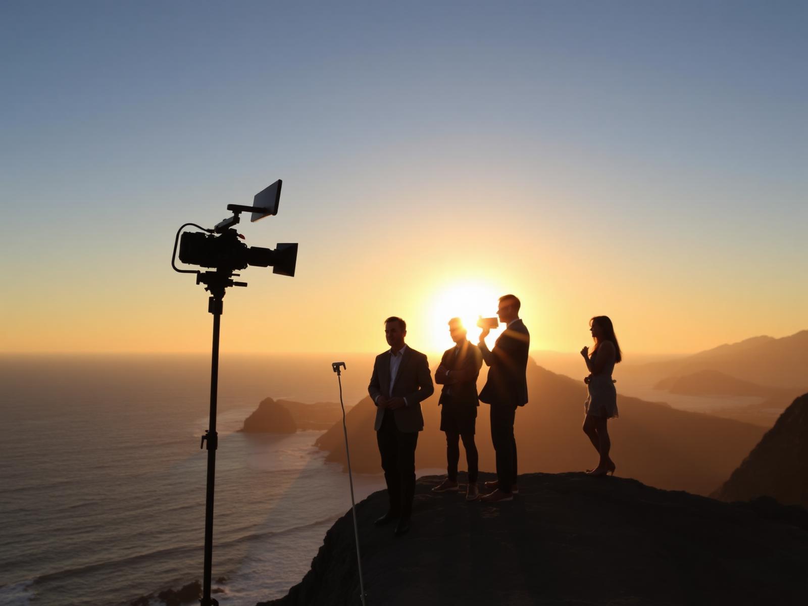 Film crew at a cliff-top location at sunset