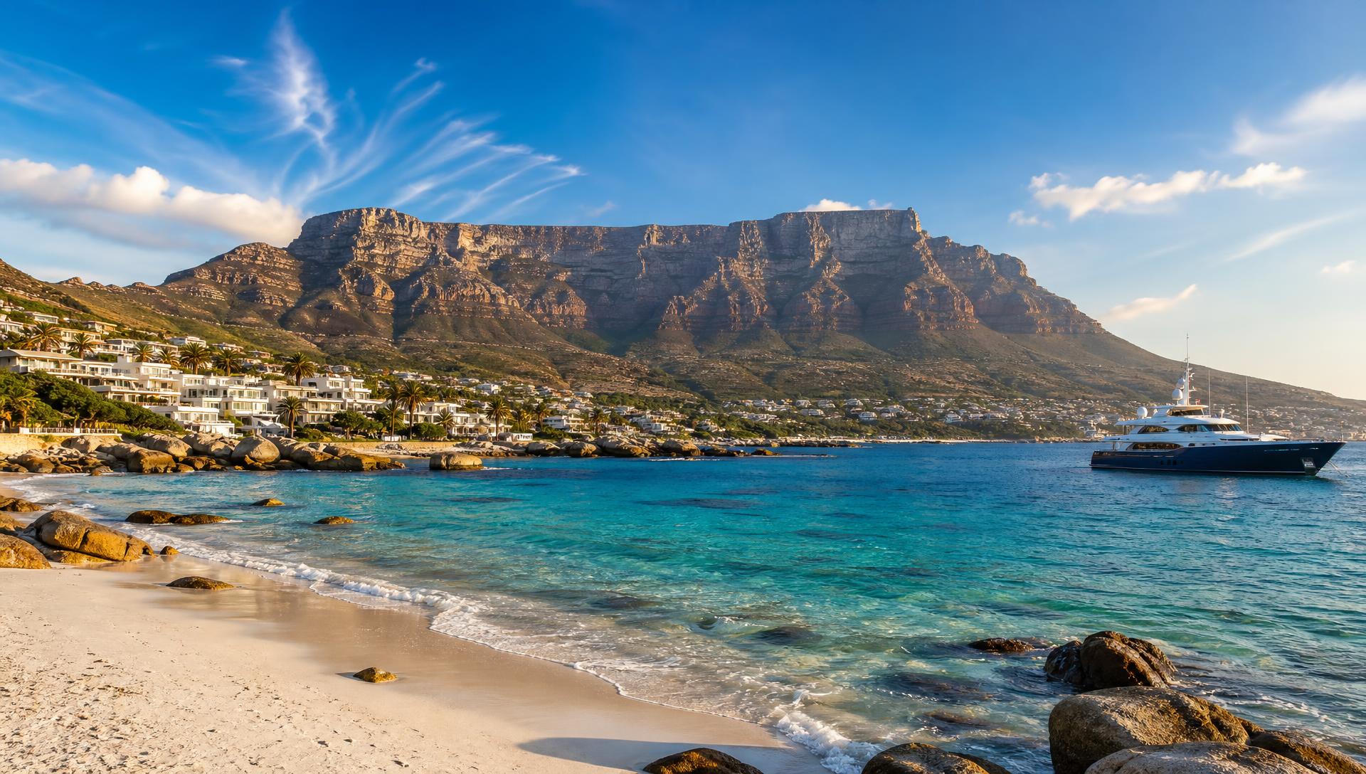 Table Mountain silhouette over Cape Town at golden hour